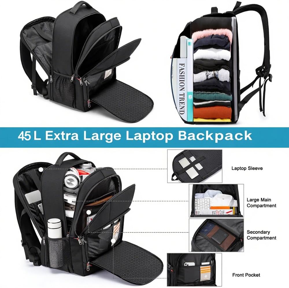 Della Gao Travel Laptop Backpack, 18.4 inch Extra Large Backpack for Men and Women, 45L Capacity Business Computer Back Pack (Black, 18.4 Inch)