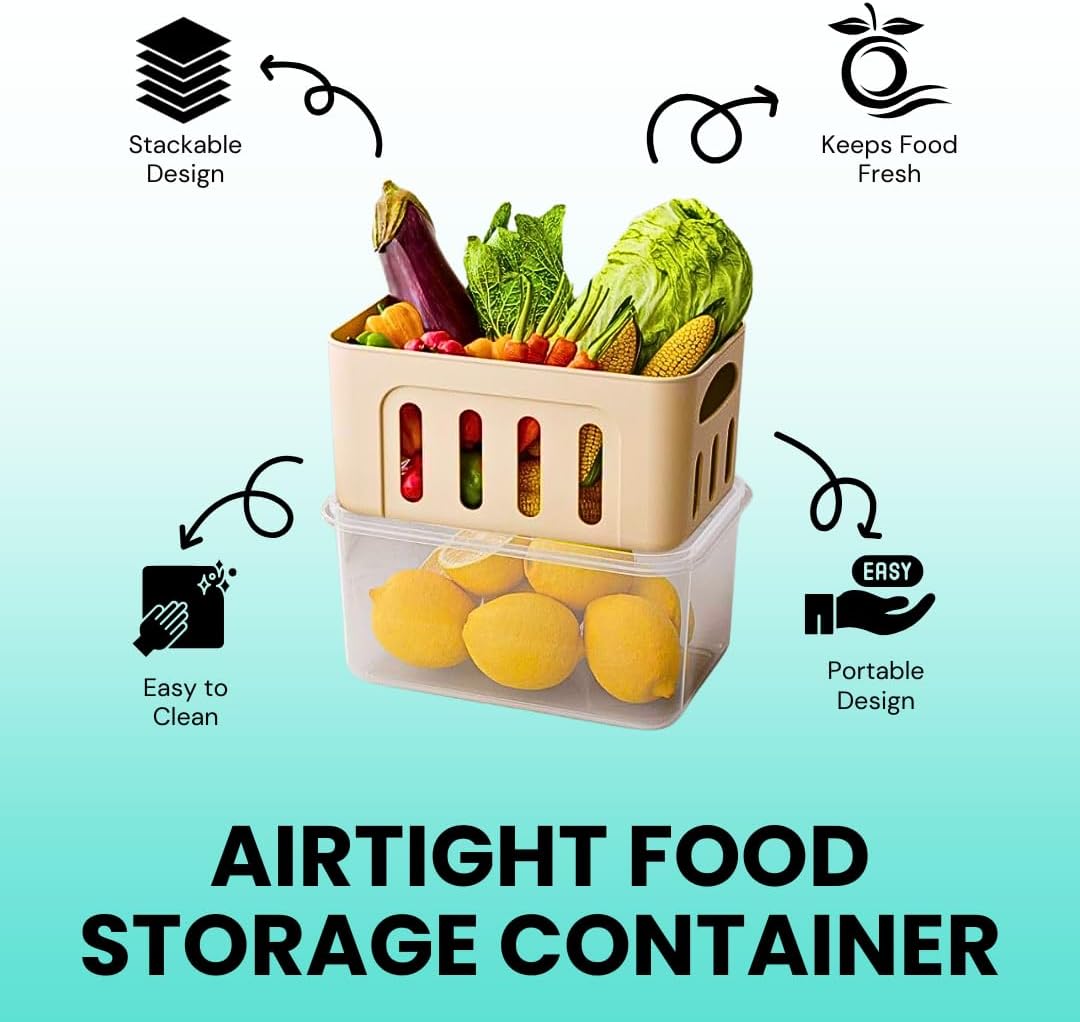 5-Pack Fruit Containers for Fridge Keep Fresh – Airtight Food Containers with Lids, Produce Saver with Removable Colander, Fridge Organizers, Microwave & Dishwasher Safe (Cream)