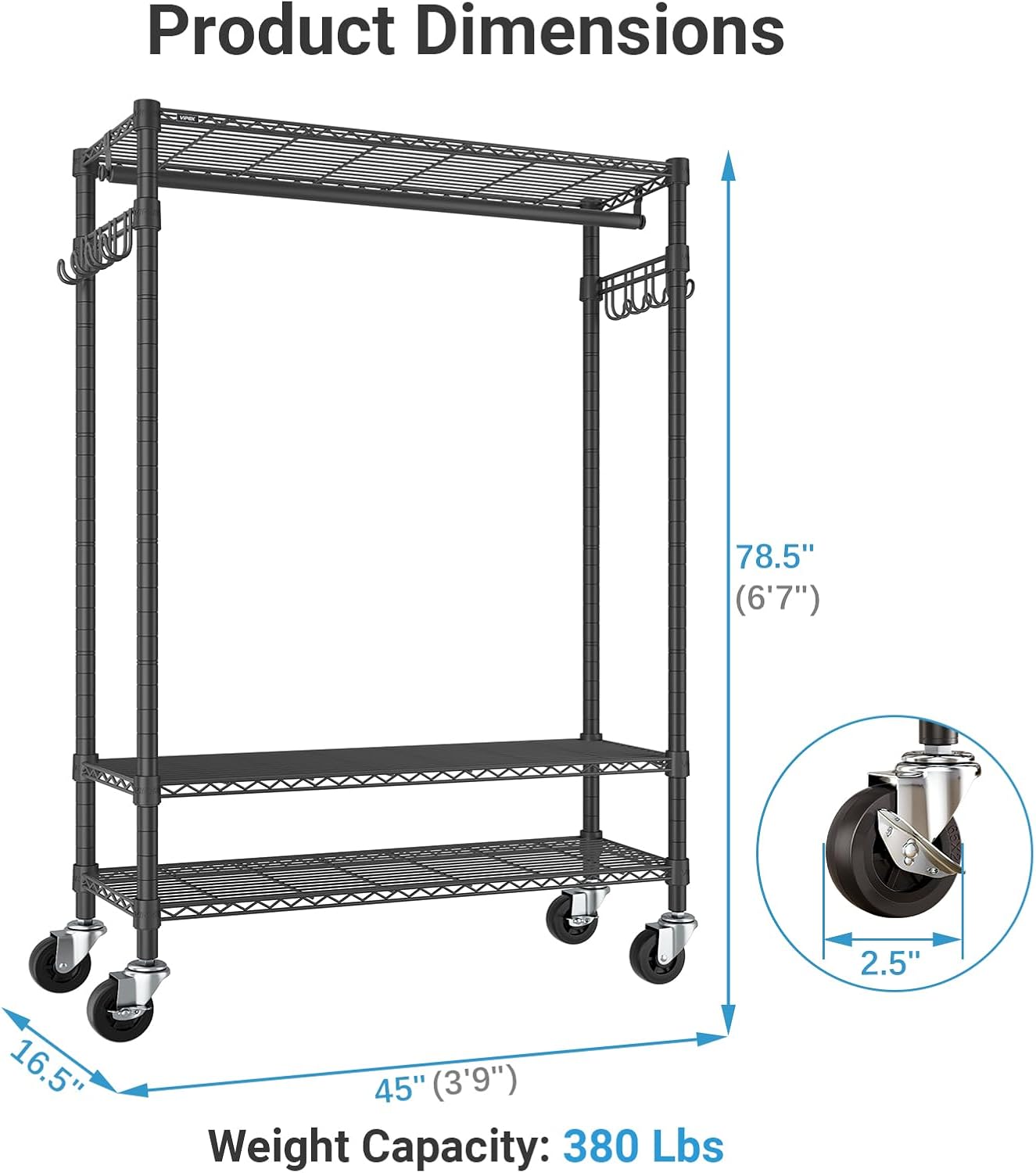 VIPEK R3 Plus Rolling Clothes Rack with Locking Wheels, Portable Closet for Hanging Clothes Heavy Duty Garment Rack with Adjustable Shelves and Side Hooks, Metal Wardrobe for Home Storage, Black