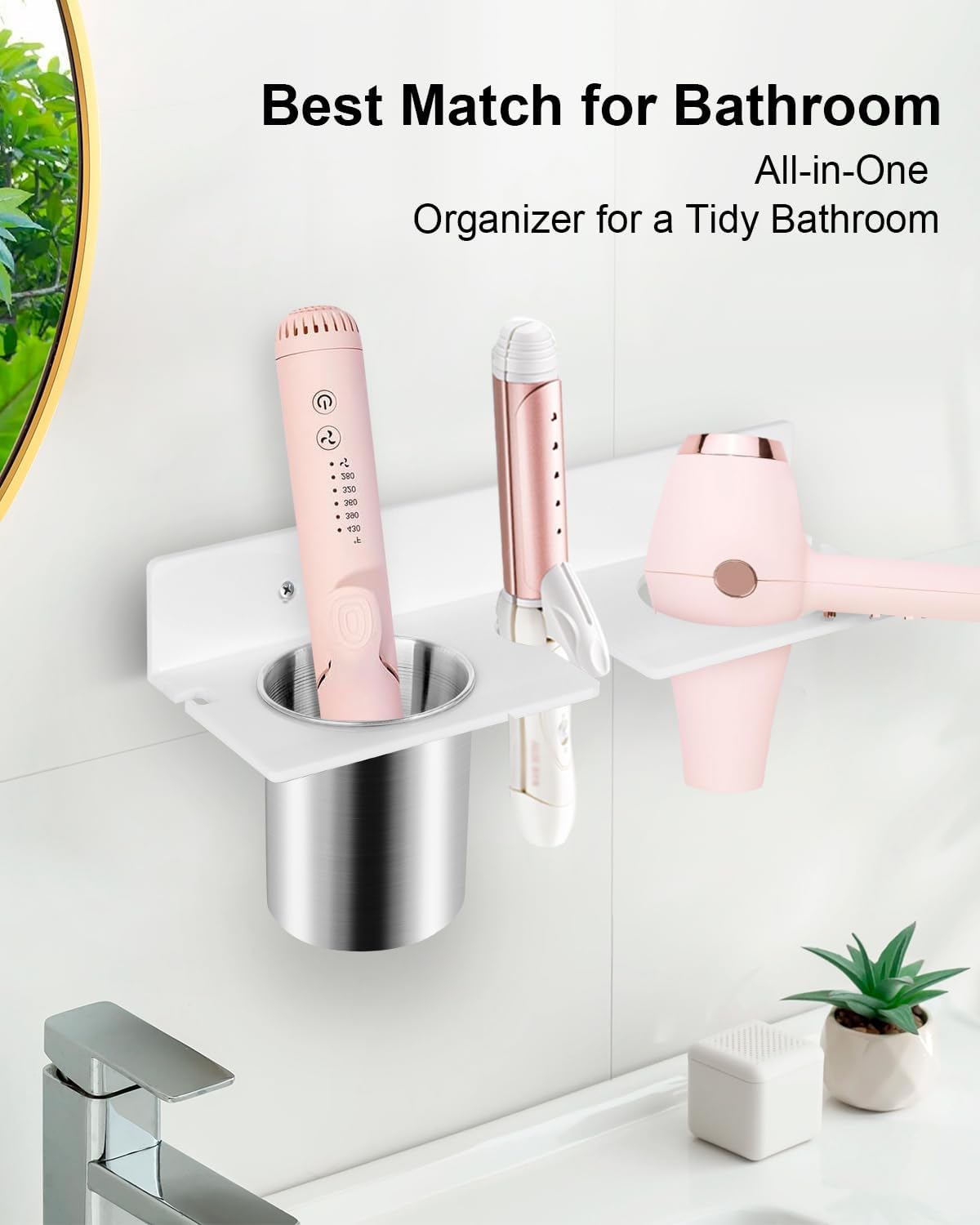 Hair Tool Organizer, Hair Dryer Holder with Heatproof Steel Cups, Acrylic Vanity Organizer for Curling Iron, Flat Iron & Hair Brushes, Perfect for Bathroom (White, Compact)