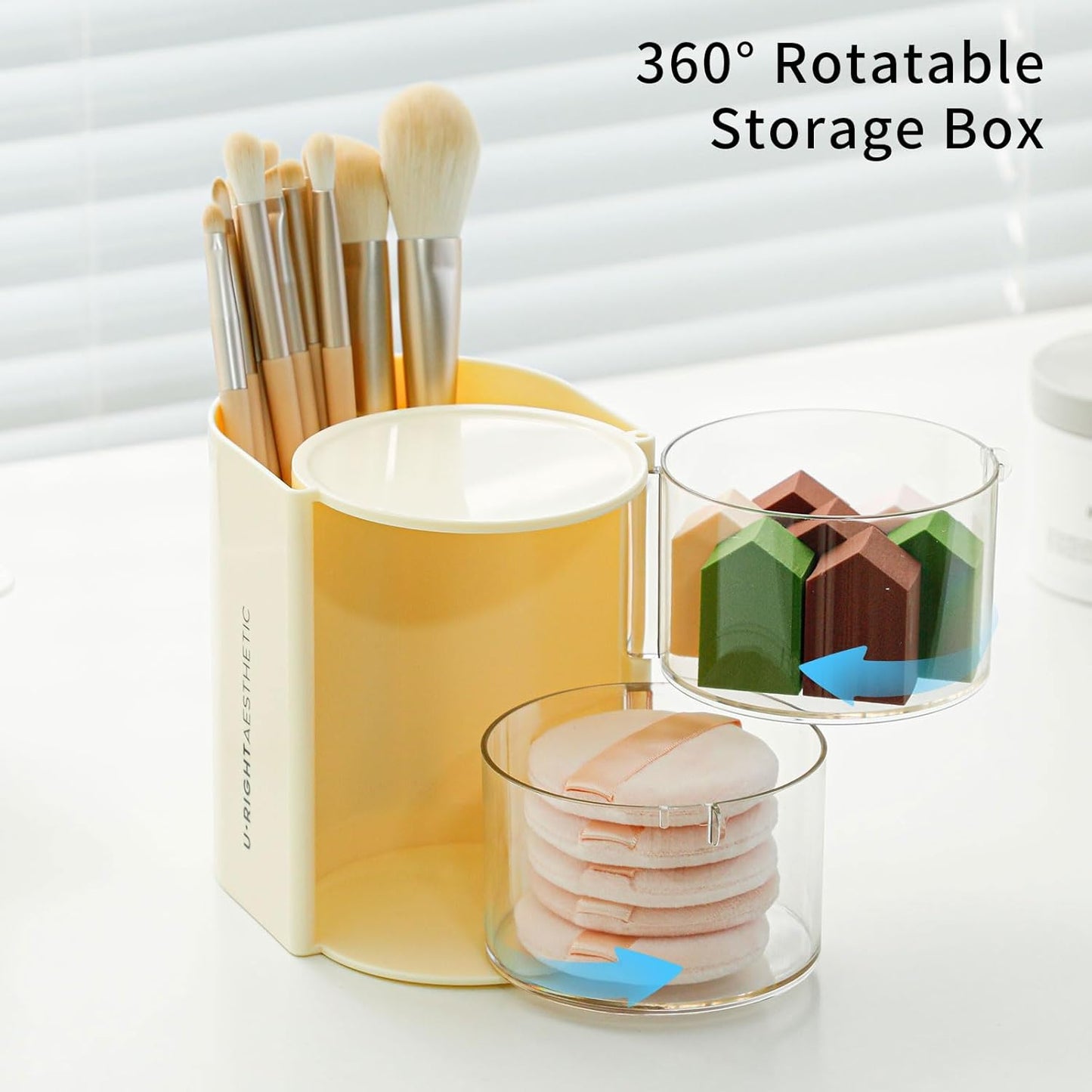 FABROK 2-Layer Clear Hair Accessories Organizer with Hair Brushes Holder, Rotatable Small Jewelry Box for Necklaces、Earring, Desktop Organizer Case for Hair Accessories, Cotton Swab(Yellow)