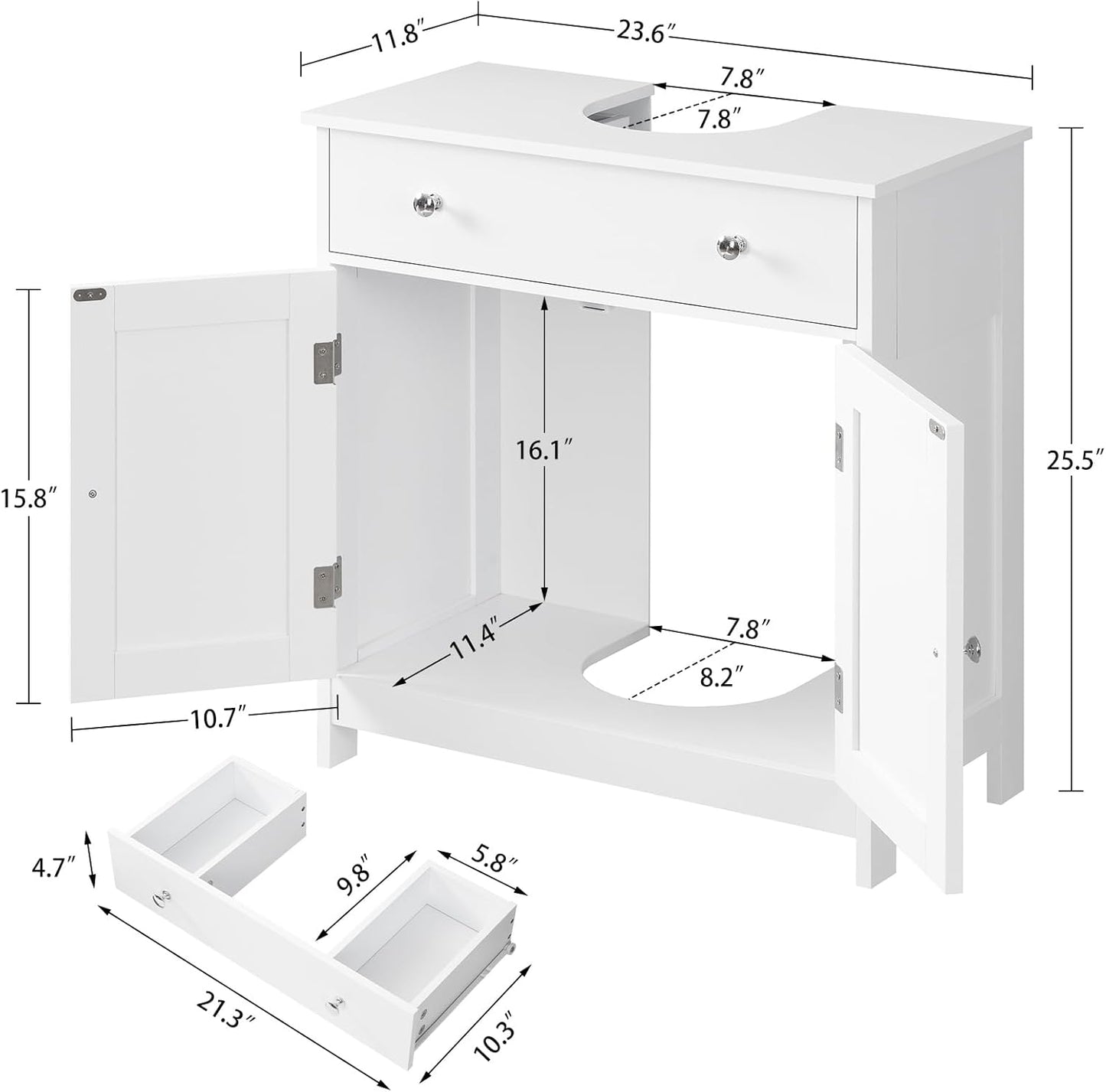 TEENFON Pedestal Sink Storage Cabinet with 2 Doors and Drawer, Bathroom Sink Cabinet, Under Sink Storage with U-Shape Cut-Out, White