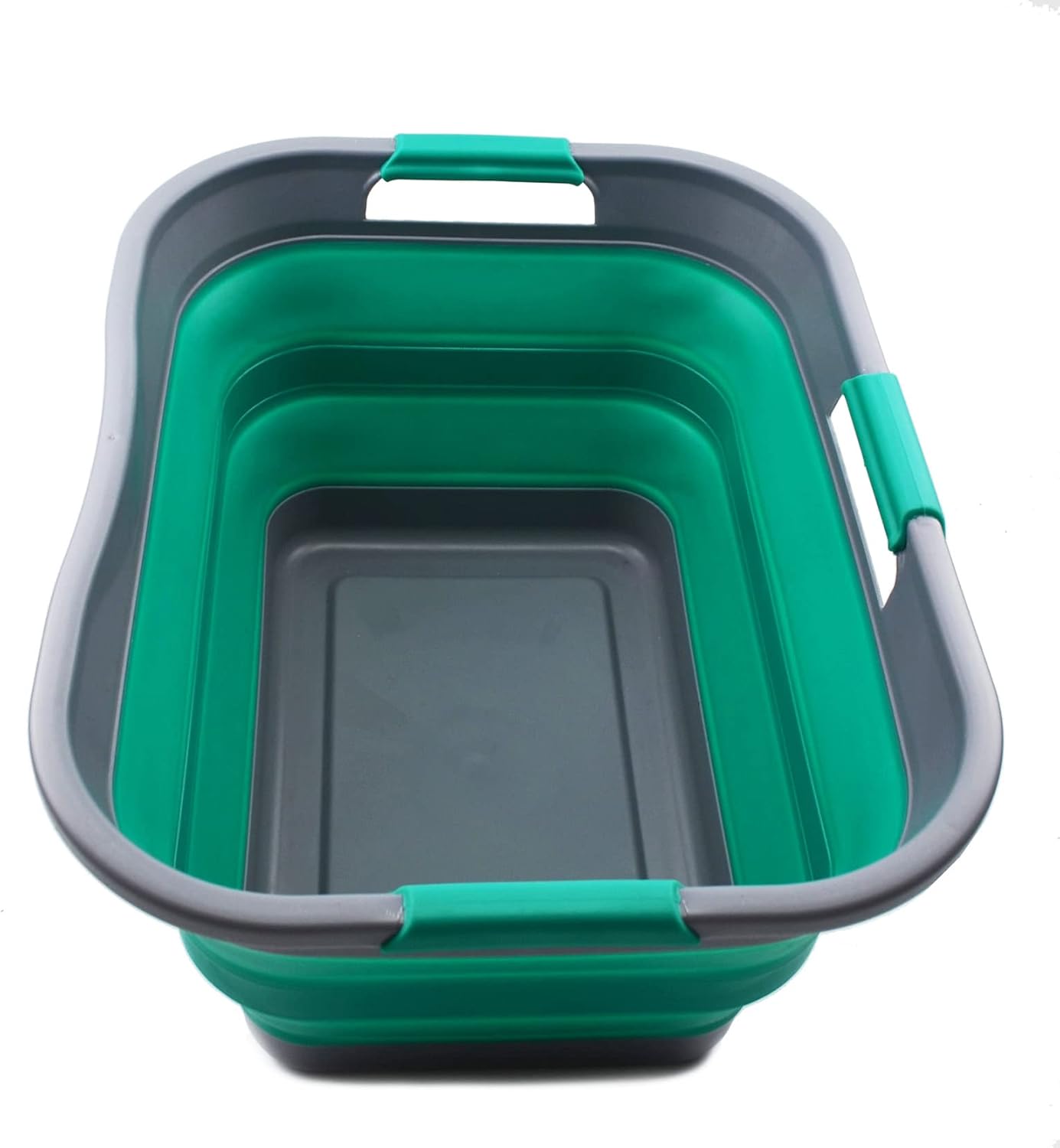 SAMMART 30L (8 gallon) Collapsible Plastic Laundry Basket - Foldable Pop Up Storage Container - Portable Washing Tub - Space Saving Hamper- Water Capacity 24L(6.3 gallon) (1, Dark Grey/Bluish-Green)