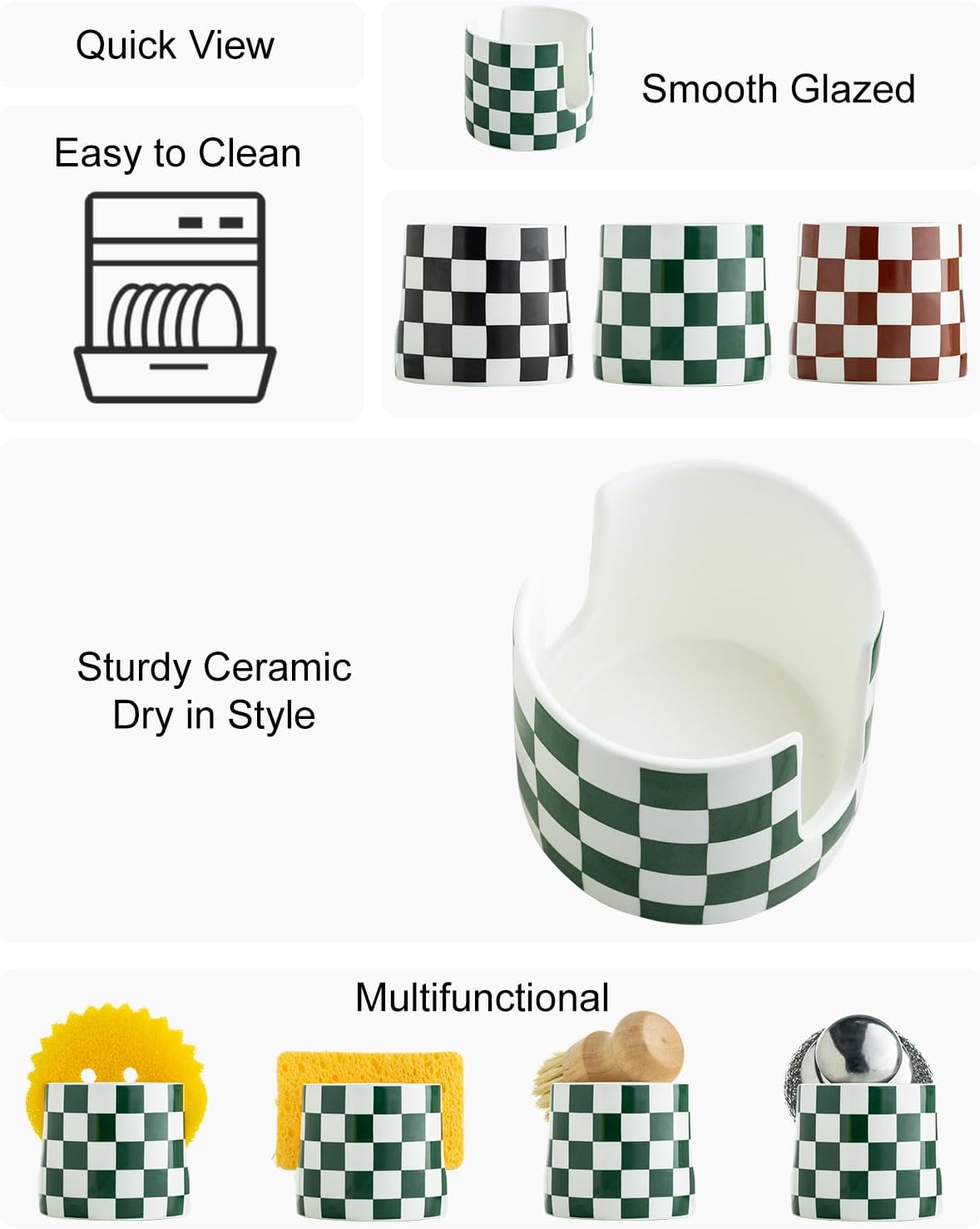 Ceramic Kitchen Sponge Holder, Dish Sponge Holder Suitable for Scrubby Farmhouse Dish Rack Brush Holder for Christmas Bathroom, Kitchen, Sink, Green and White
