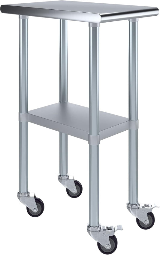 AmGood 24" x 15" Stainless Steel Work Table with Casters | Heavy Duty Metal Utility Table On Wheels | Kitchen Island Cart