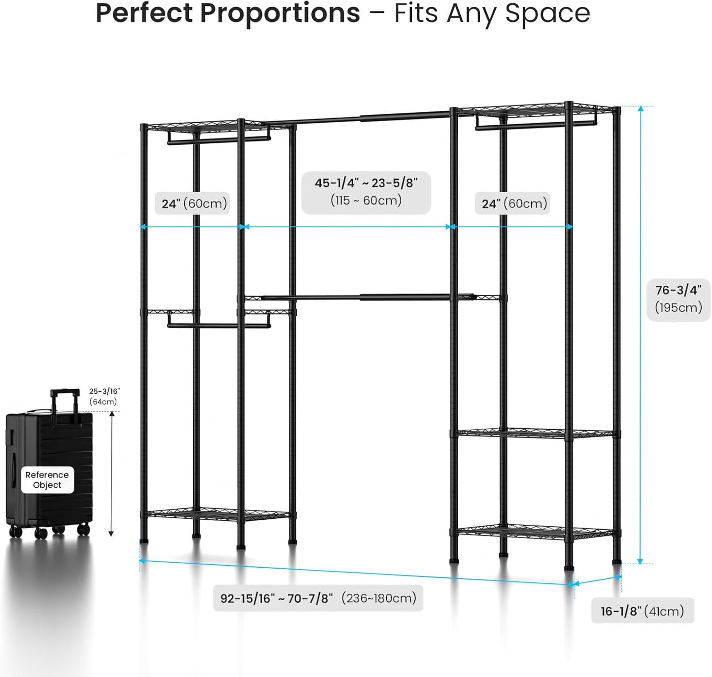 Metal Garment Racks Heavy Duty Clothes Rack Adjustable Freestanding Expandable Industrial Pipe Clothing Rack for Hanging Clothes - 70" L x 16" W x 76.7" H, Black