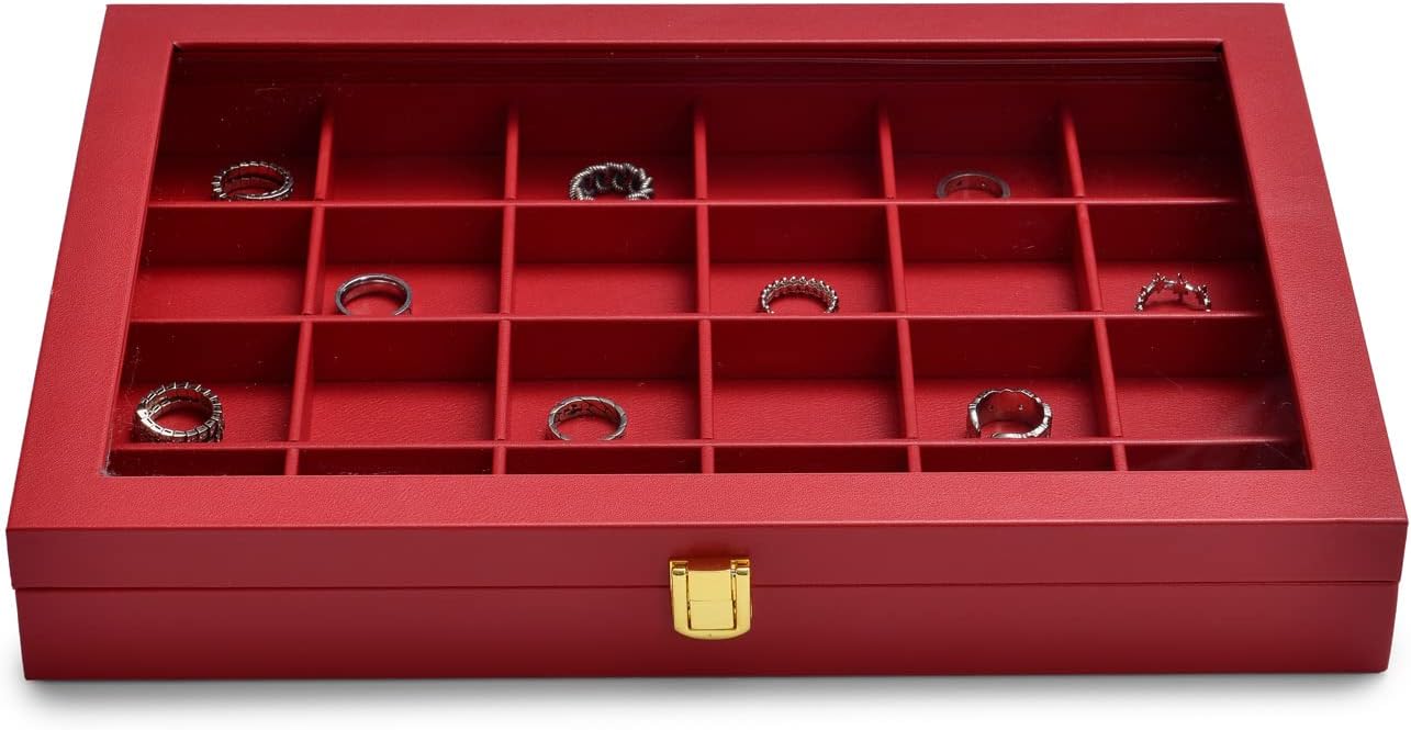 Oirlv Luxury Leather 24 Grid Jewelry Tray with Transparent Lid Earrings Rings Organizer Box Stackable Jewelry Box Drawer Inserts Women Gift