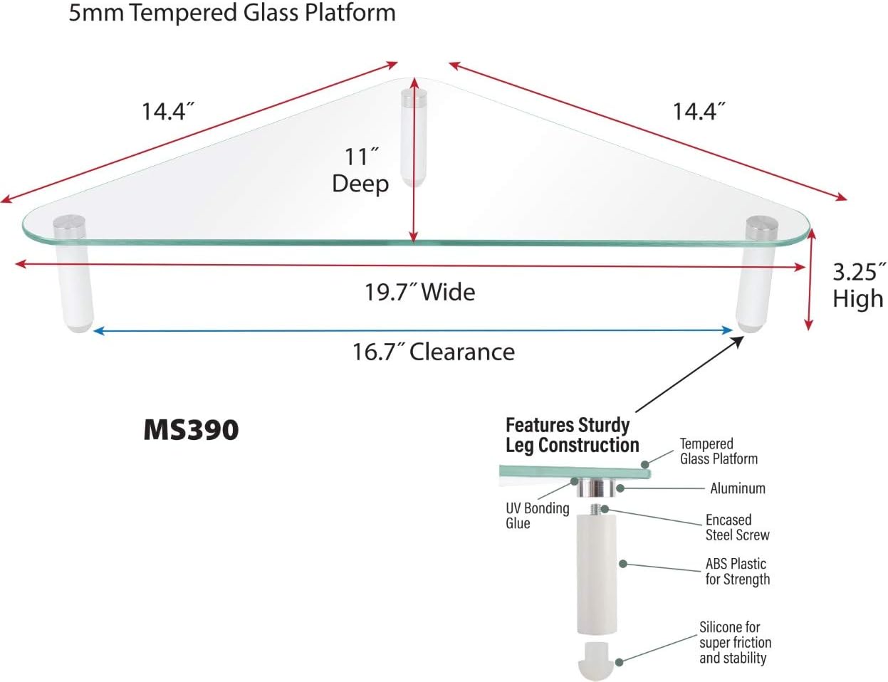 Kantek Glass Corner Monitor Riser, 19.7" x 11" x 3.25", Clear, Supports 40 lbs