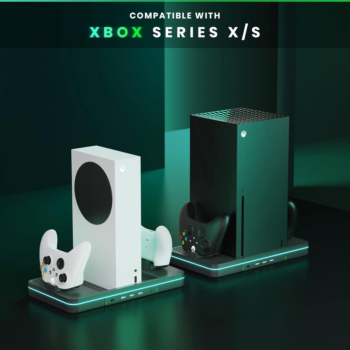 Charging Stand with Cooling Fan, CODOGOY Vertical Stand Compatible with Xbox Series X/S Console and Controller, Vertical Dual Controller Charger Station Dock Accessories with 3 USB Ports, black