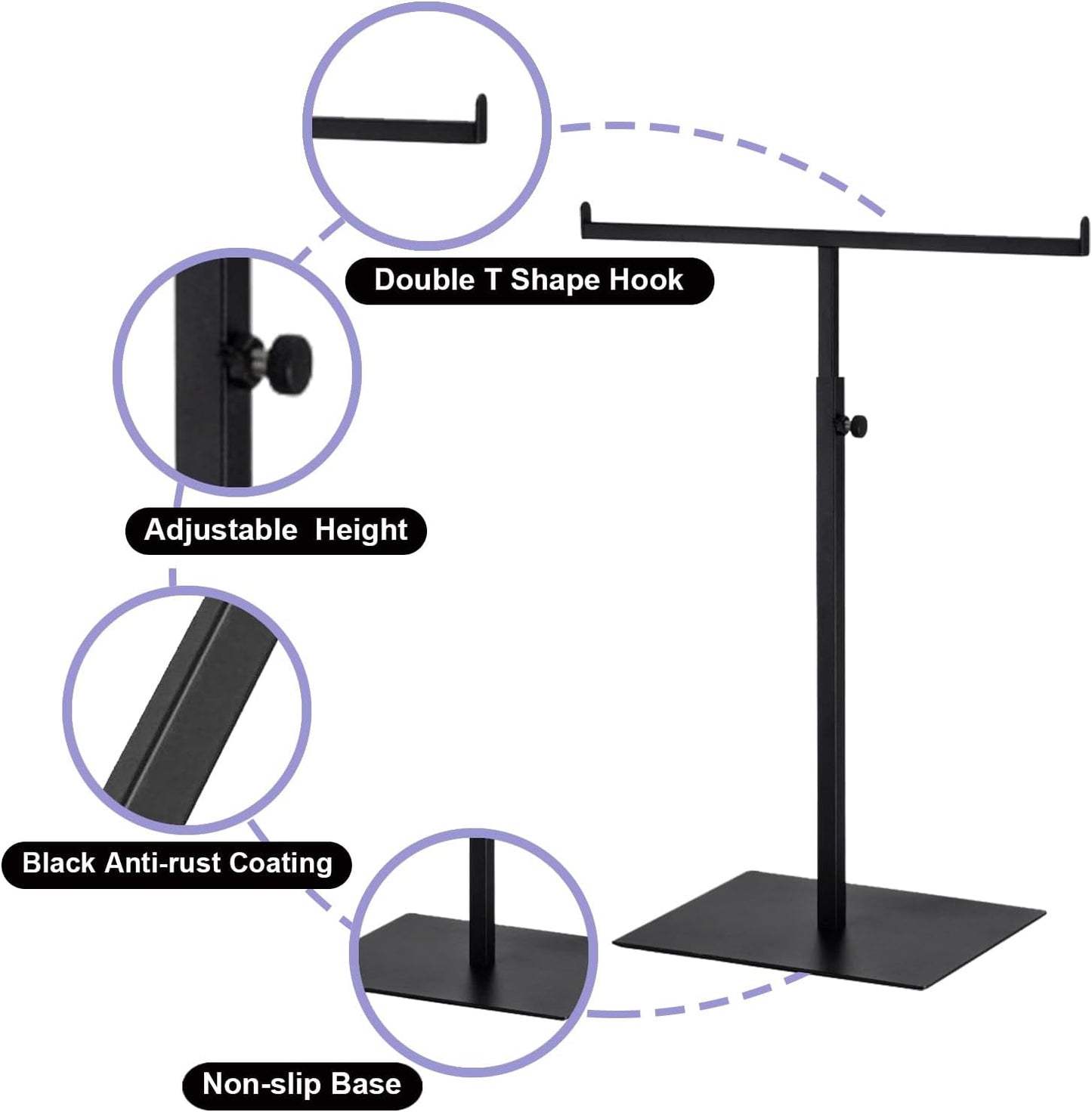 Purse Display Stand T Shaped, Countertop Jewelry/Scarf/Handbag T-Bar Display Stand, Tabletop Double Hook Hanging Stands for Long Necklaces, Metal with Adjustable Height - Black