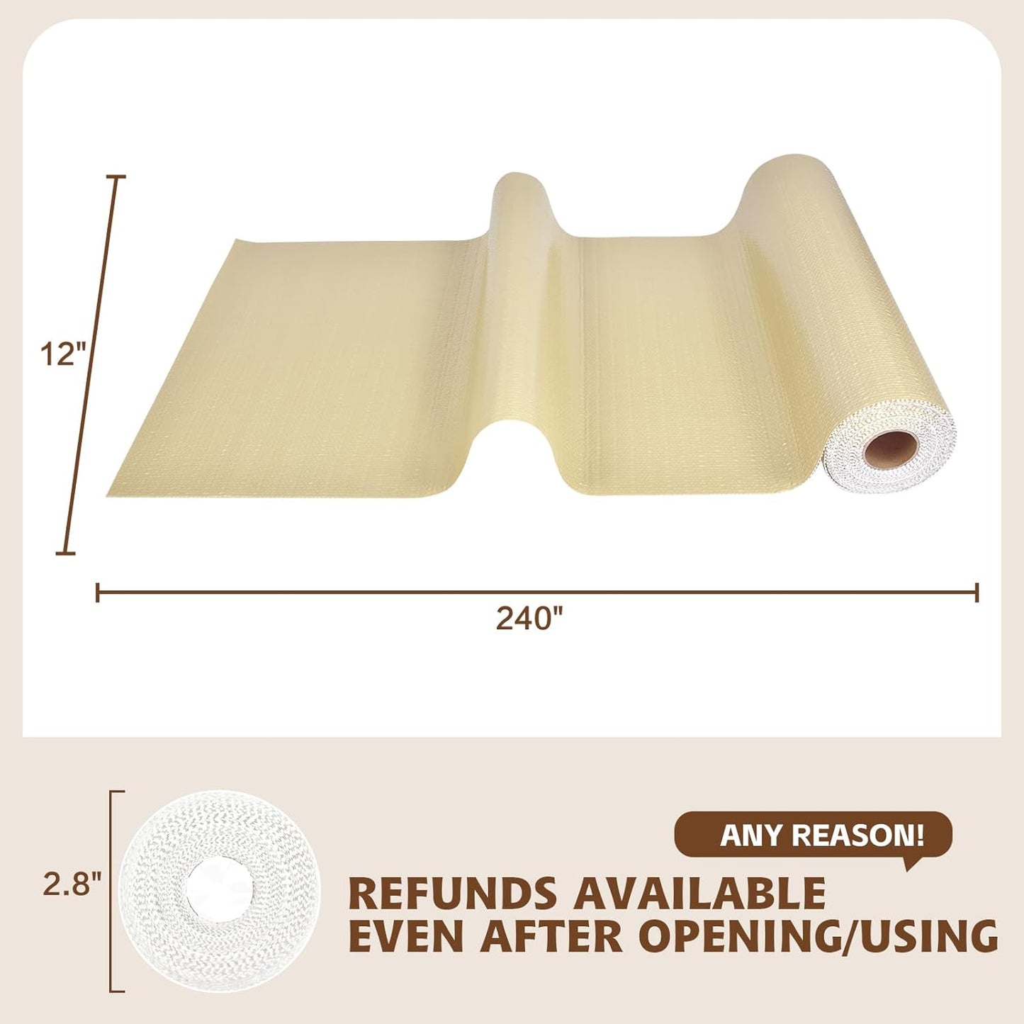 Shelf Liners for Kitchen Cabinets 12in x 20FT, Non Adhesive Drawer Liner Pure Beige Thickened Shelf Liner Non-Slip Easy to Clean for Tool Box Refrigerator with Knife and Tape Measure