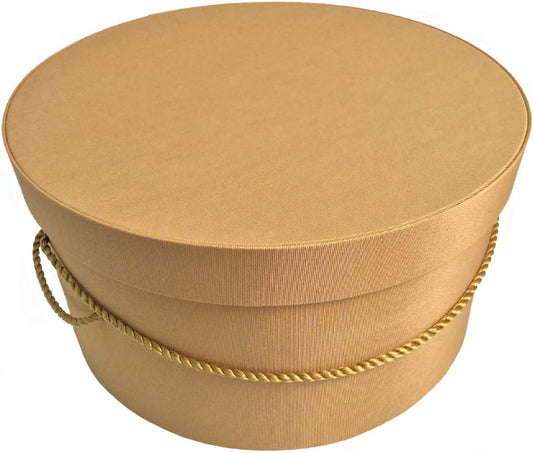 Sarah's Hat Boxes Classic Gold Hat Box – 21.5" x 11.5" (Dia. x Ht.) Handmade in USA – Odorless Non-Toxic Adhesive, Cording Handle – Premium Storage for Hats & Accessories