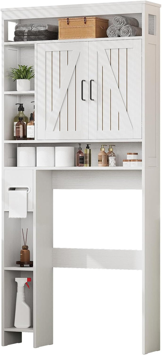 Over The Toilet Storage Cabinet with 6 Shelves, Farmhouse Bathroom Storage Cabinet with 2 Barn Door & Toilet Paper Holder Stand, Toilet Shelf with Adjustable Shelf for Bathroom Laundry