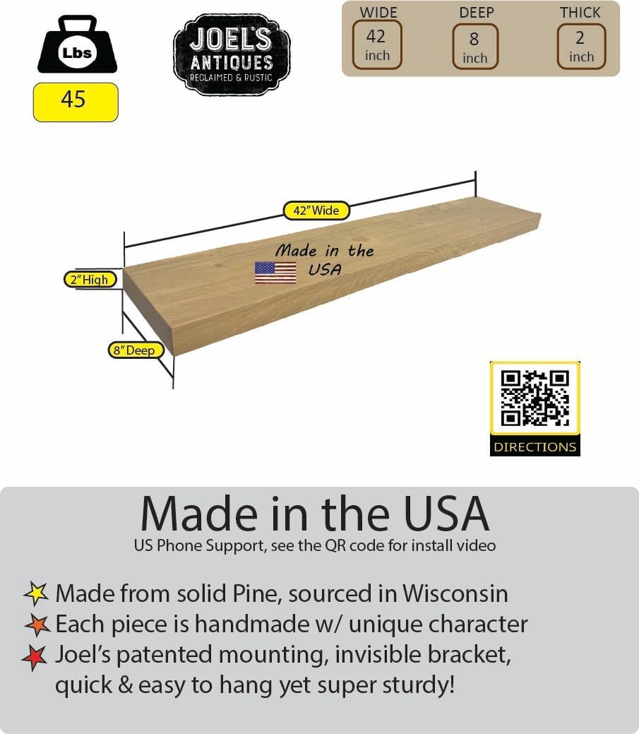 joelsantiques 42 Inch Wooden Floating Shelves for Wall - 42x8x2 in - Made of Natural Wood - Heavy Duty Rustic Wall Shelves Made in USA - Perfect for Living Room, Kitchen - Beige
