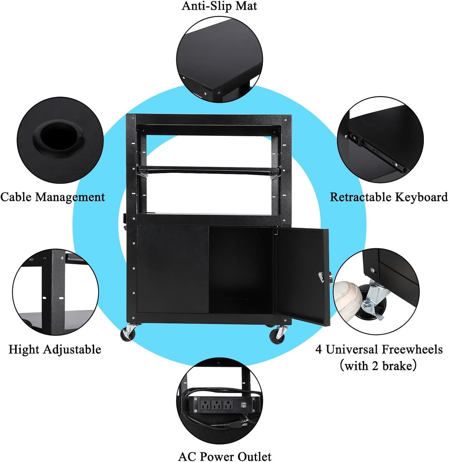 Mobile AV Cart with Locking Storage Cabinet, Adjustable Laptop Stand & Drop Leaves, Rolling Workstation with Power Outlets for Classroom, Office, or Home Use