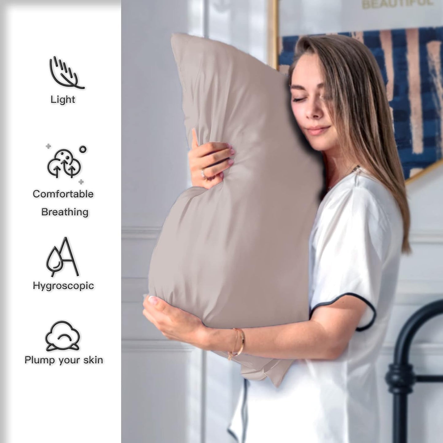Natural Mulberry Silk Pillowcase for Hair and Skin Queen Size 20"X30" Silk Pillow Case with Hidden Zipper Soft Breathable Smooth Cooling Silk Pillow Covers for Sleeping(Apricot Gray,Queen,1Pcs)