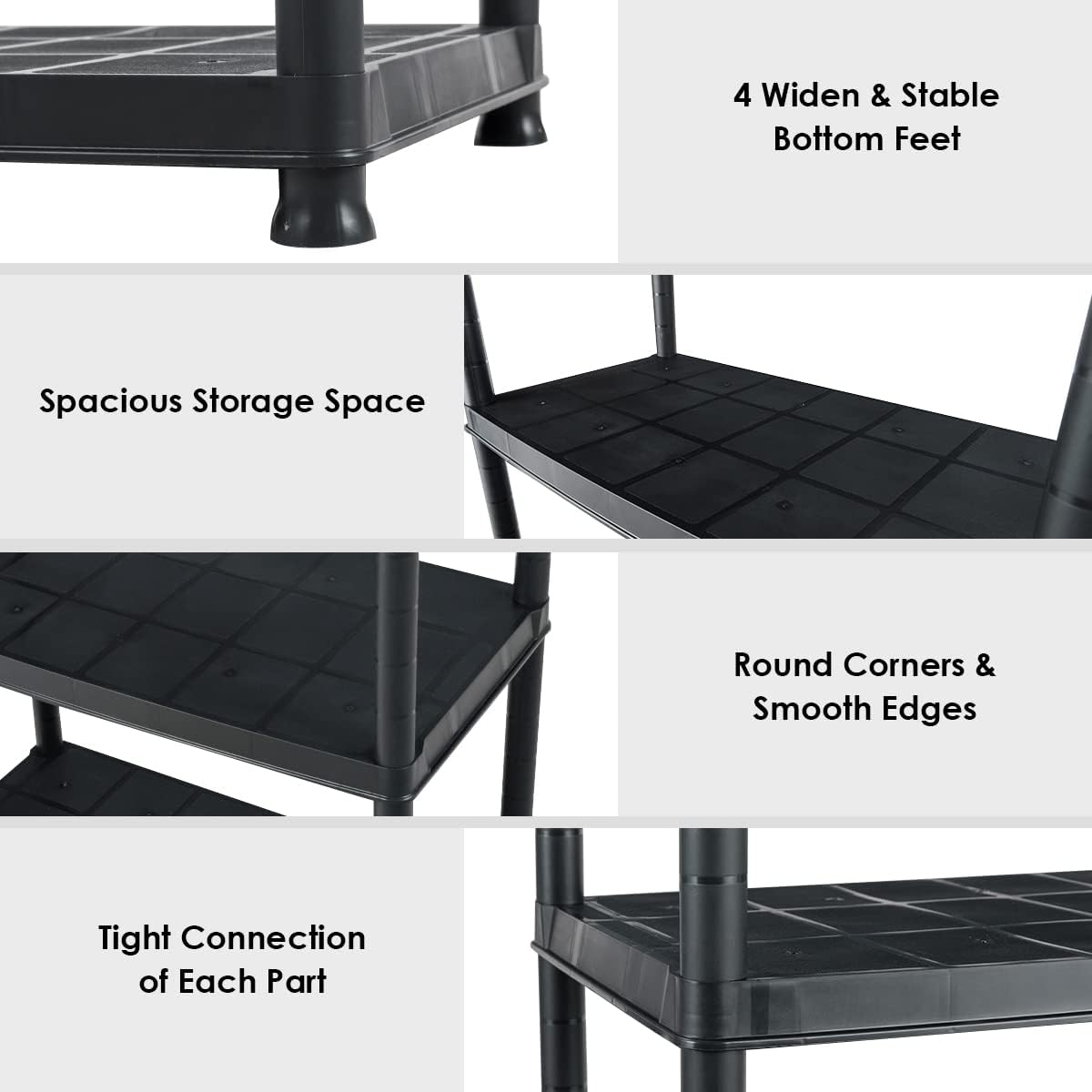 IRONMAX 5-Tier Plastic Shelving Unit, Multi-Purpose Shelf Rack, No Tools Required, Free Standing Storage Shelves for Garage Basement Kitchen, Black (1, 33.5“L X 16”W X 73“H)