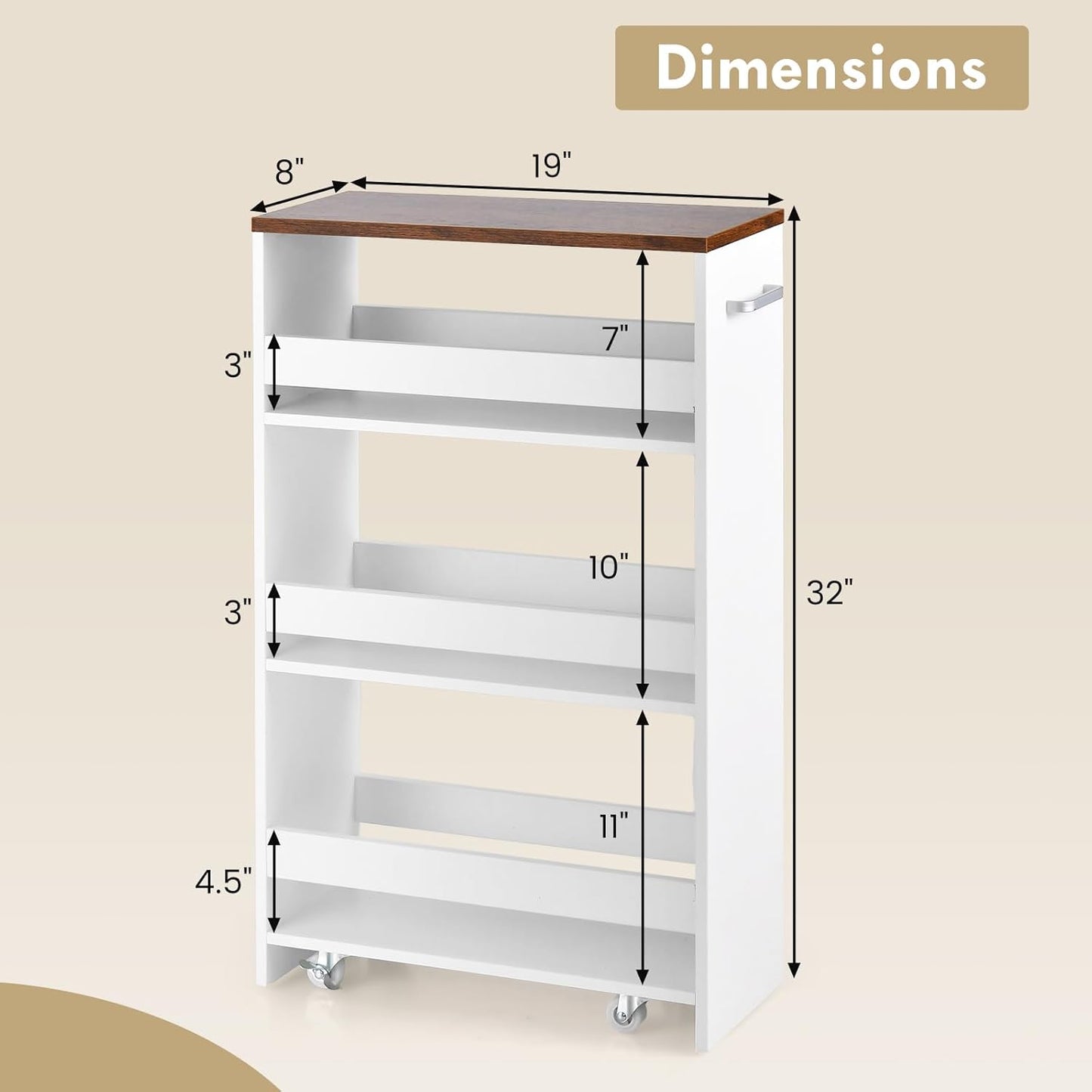 LOKO 4-Tier Rolling Storage Cart, 8 Inches Slim Kitchen Cart on Wheels with Open Shelves & Handle, Laundry Room Cart Between Washer and Dryer, for Bathroom Next to Fridge (White & Rustic Brown)