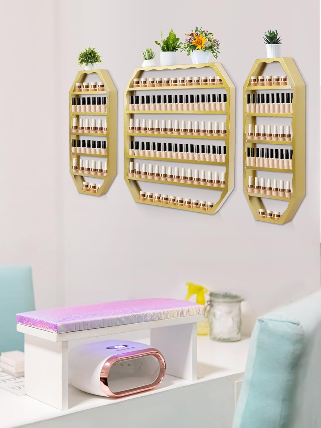 EBANKU Hexagon Nail Polish Racks Heavy Duty Nail Shelfs for Wall Gold Nail Polish Display Rack Cosmetic Display Cases Nail Bottles Organizer Wall Shelf for Home Spa Nail Salon