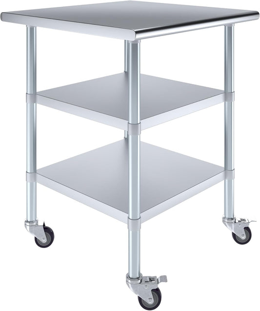 AmGood Stainless Steel Work Table with 2 Shelves and Casters | Metal Utility Table On Wheels (Stainless Steel Work Table with 2 Shelves + Casters, 30" Long x 30" Deep)
