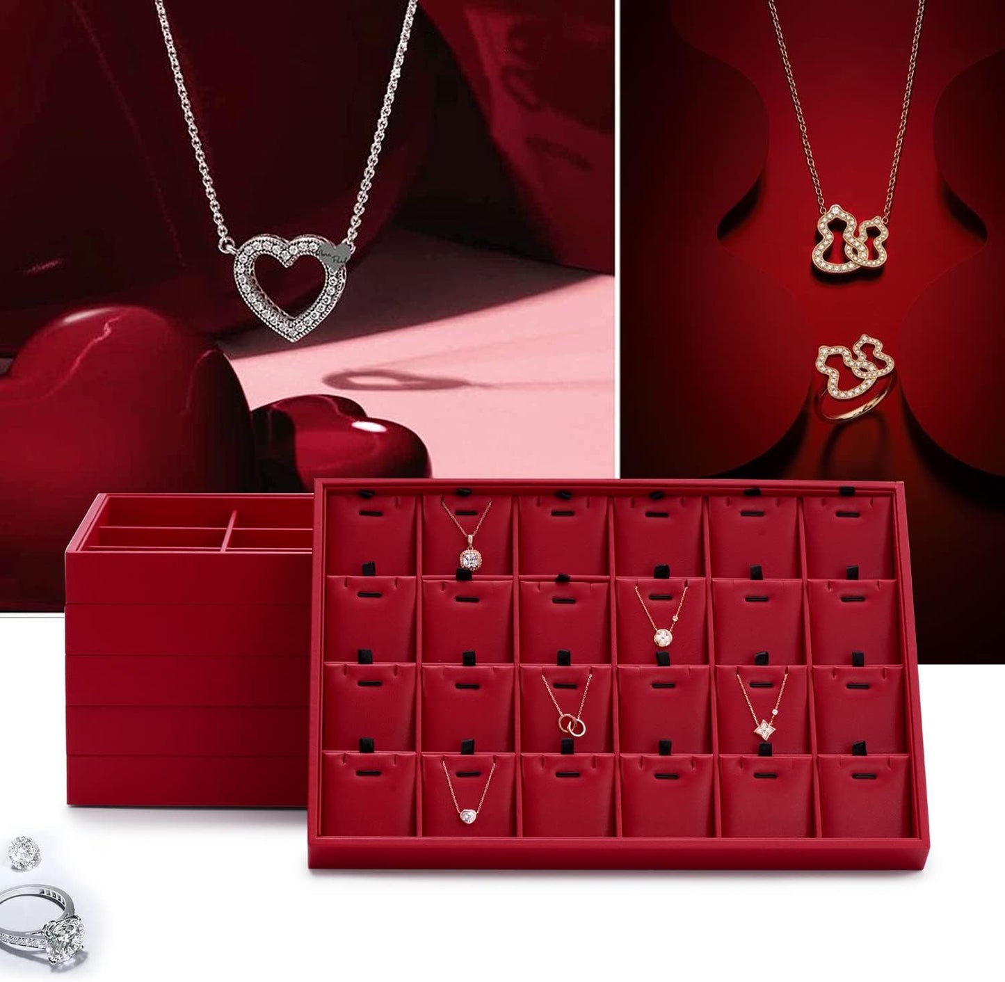 Oirlv Gorgeous Red Leather Jewelry Tray Necklace Bracelet Long Chain Storage Stackable Necklace Trays Jewelry Drawer Organizer