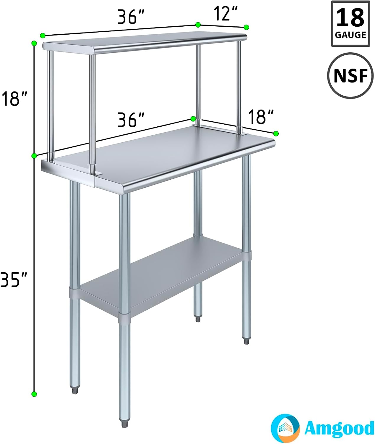 Stainless Steel Work Table with Wide Single Tier Overshelf | Metal Kitchen Prep Table & Shelving Combo (18" x 36" Work Table + 12" Overshelf)
