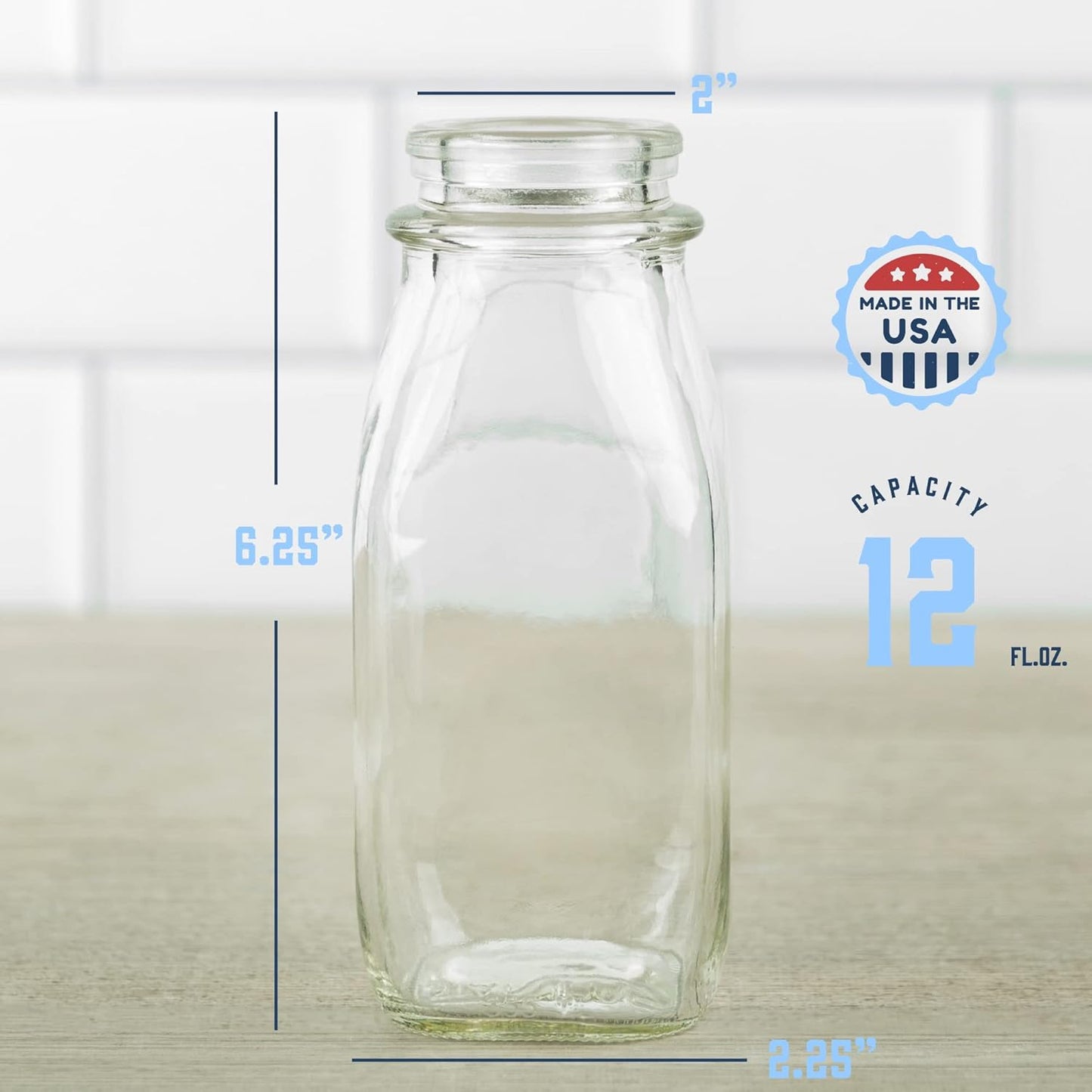 kitchentoolz Glass Creamer Bottle 12 Oz Square Glass Milk Bottle with Lids- Perfect Milk Container for Refrigerator - 12 Ounce Milk Bottle with Lid and Pour Spout