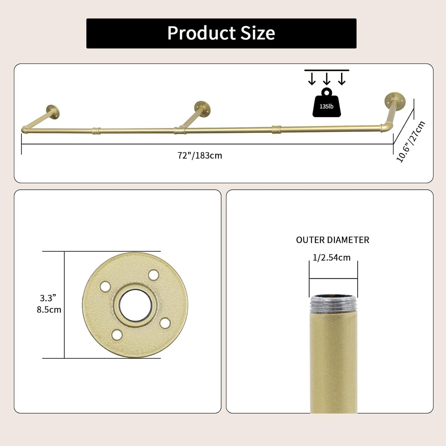 Oroonoko 72inch Gold Wall Mounted Clothes Rack, Industrial Pipe Garment Rack Hanging Rod Bar for Closet Storage,Laundry Room Up to Max Load 132lbs(Gold)