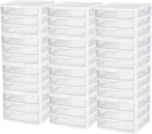 Sterilite 12-Pack Wide 3 Drawer Unit, Plastic Desktop Organizer with Clear Drawers, White Frame - Stackable Multi-Purpose Storage for Office Supplies, Craft Rooms, Classrooms and Home Organization