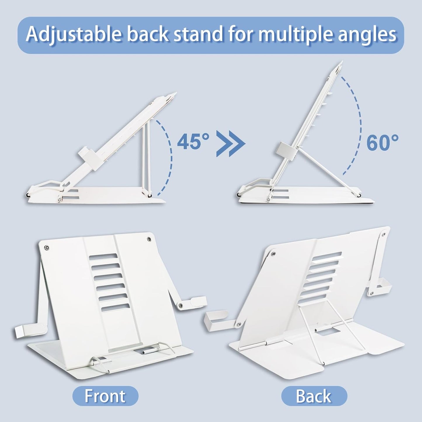 Metal Desk Book Stand for Reading with Adjustable Clips, Hands-Free Foldable Book Holder for Kids, Portable Document Stand for Desk, Display Stand for Recipes, Cookbooks, Tablets - White