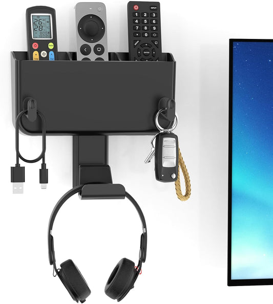 Adhesive Remote Control Holder Wall Mount with Headset Hanger, 3 in 1 Organizer TV/Fan Remote Caddy with Hook for Headphone, No Drill Controller Storage Bracket, Bed Wall Rack for Multiple Remote