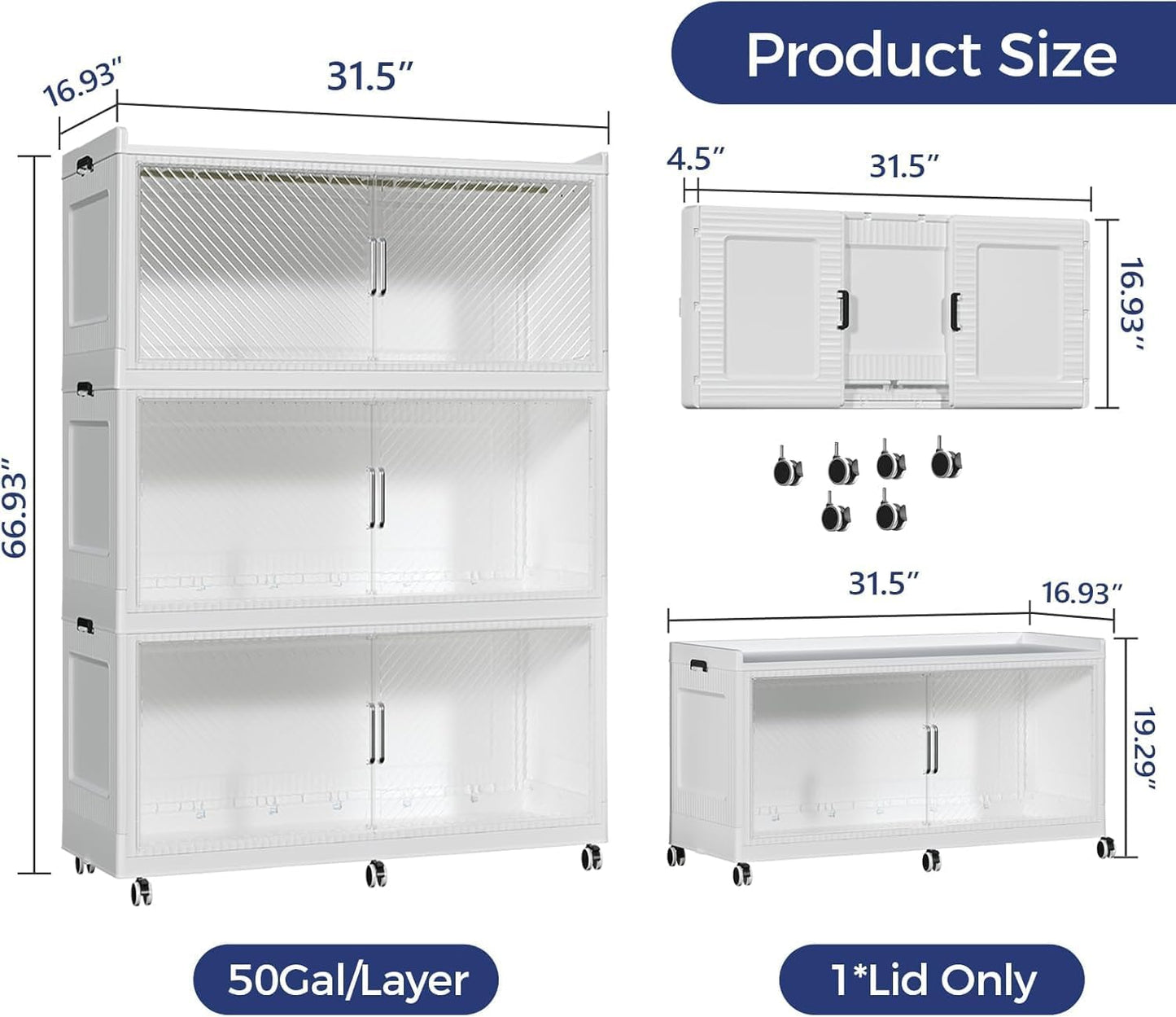 150GAL Extra Large Storage Bins with Lid, 600QT Collapsible Organizer with Wheels, Stackable Closet Cabinet with Doors, Folding Storage Containers for Home, Office, Kitchen, 3Pack White