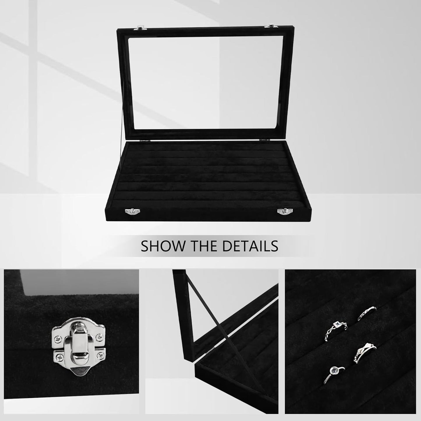 Wudygirl 7 Slot Ring Holder Organizer Display Tray for Rings And Jewelry Storage Velvet Ring Box with Multiple Slots Rings Organizer and Jewelry Showcase (Black Velvet)