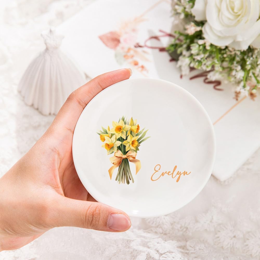 Custom Ceramic Jewelry Tray Birth Flower Personalized Name Decorative Trinket Dish for Rings Earrings Necklaces Birthday Christmas Bridesmaid Gifts for Women Her Size 4"×4"