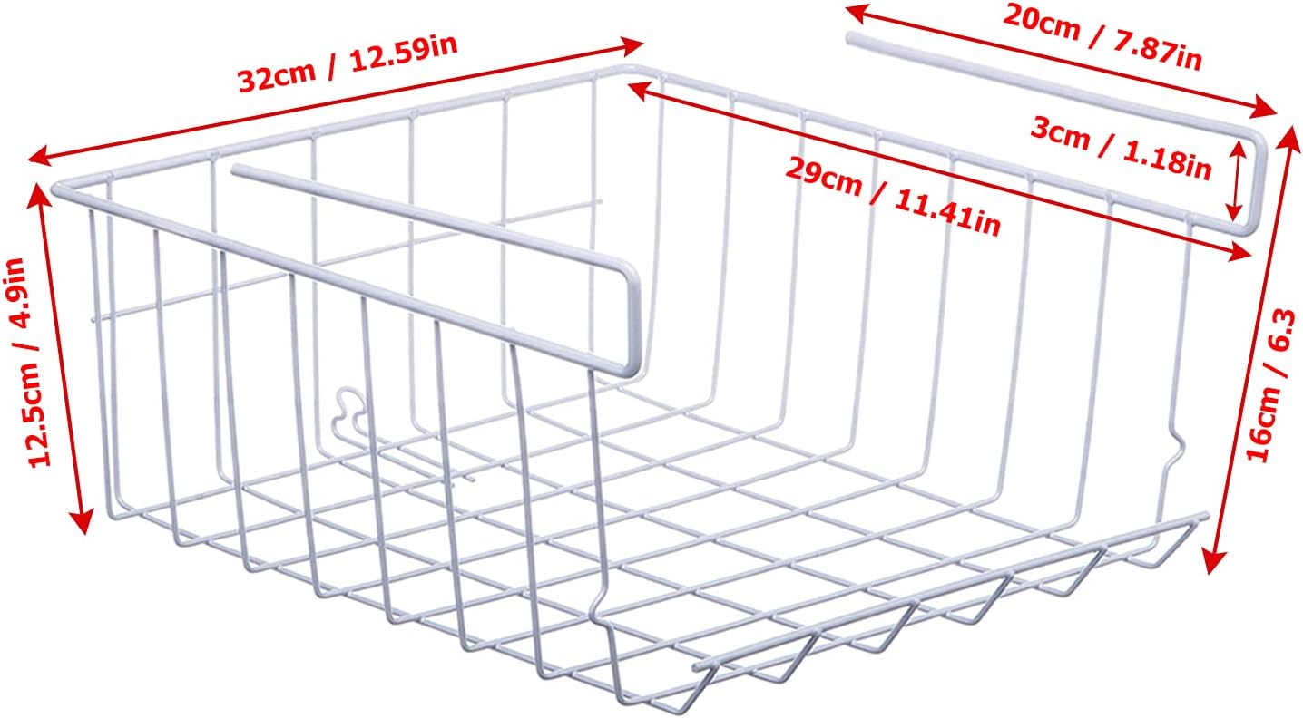 Under Shelf Storage Basket, 2-Pack Under Shelf Hanging Metal Wire Storage Basket Organizer for Kitchen, Office, Pantry, Bathroom, Cabinet, White
