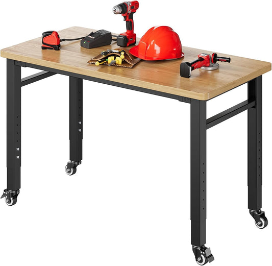 Yizosh 48" Adjustable Portable Workbench with Wheels, Rubber Wood Top, Heavy Duty 2000 LBS Load Capacity, Garage & Workshop Workbench with Storage