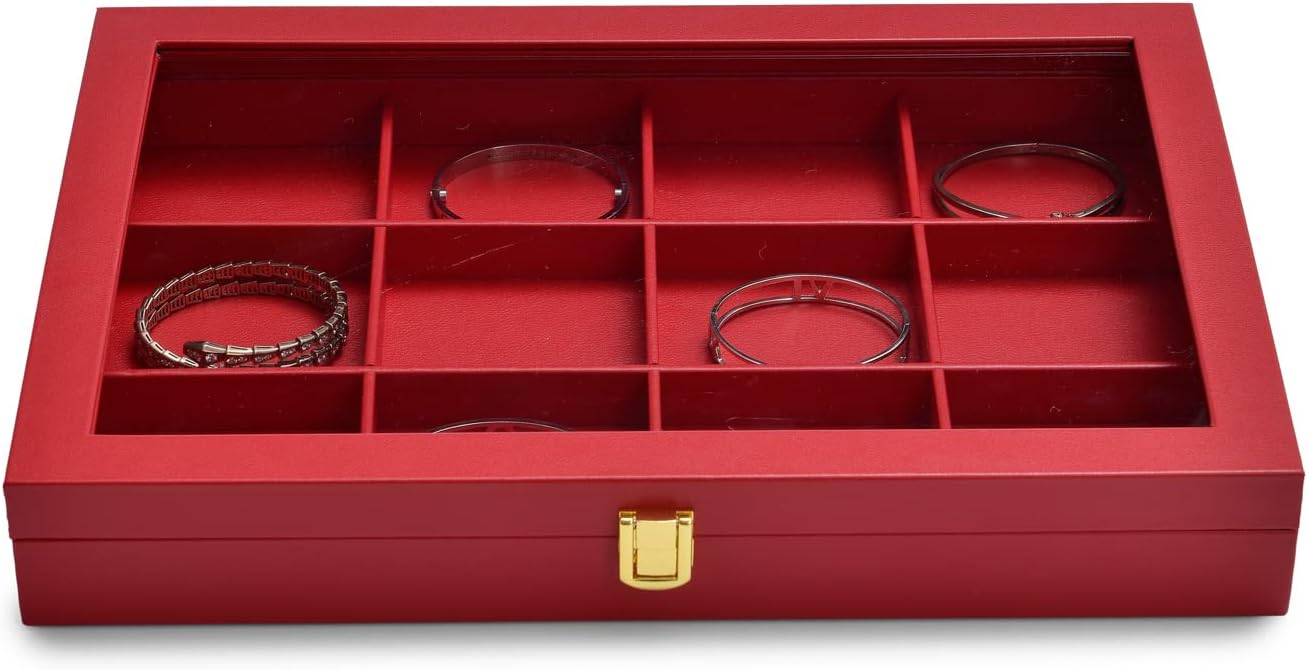 Oirlv 12 Gird Jewelry Tray with Acrylic Lid Premium Leather Jewelry Organizer Box Transparent Lid Bracelet Bangle Storage Case for Women Gift
