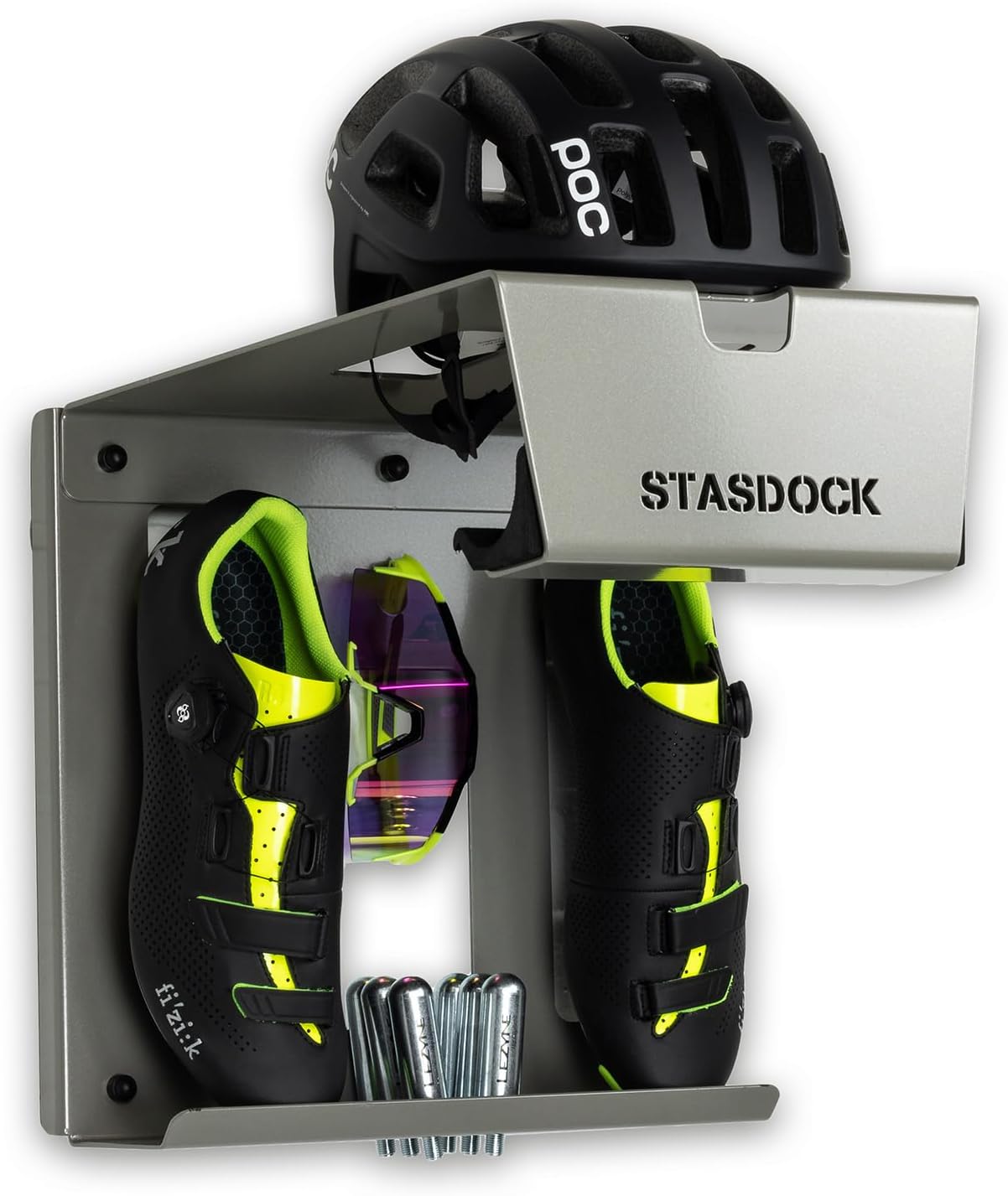 Stasdock Wall Bike Rack | Bike Storage Wall Mount System | For Race Bicycles (Silver Metallic) and Mountain Bikes | Bike Shelf | Indoor bike wall bracket | Stores helmet and shoes | Home and Garage
