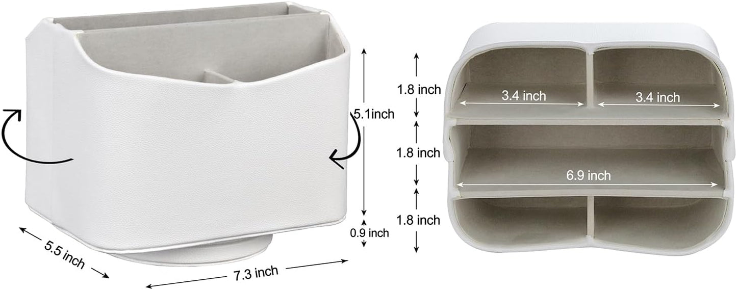 HofferRuffer Spinning Remote Control Holder, Remote Caddy, 360 Degrees Rotatable Remote Control Organizer, Desktop Organizer Caddy Holder, PU Faux Leather (White)