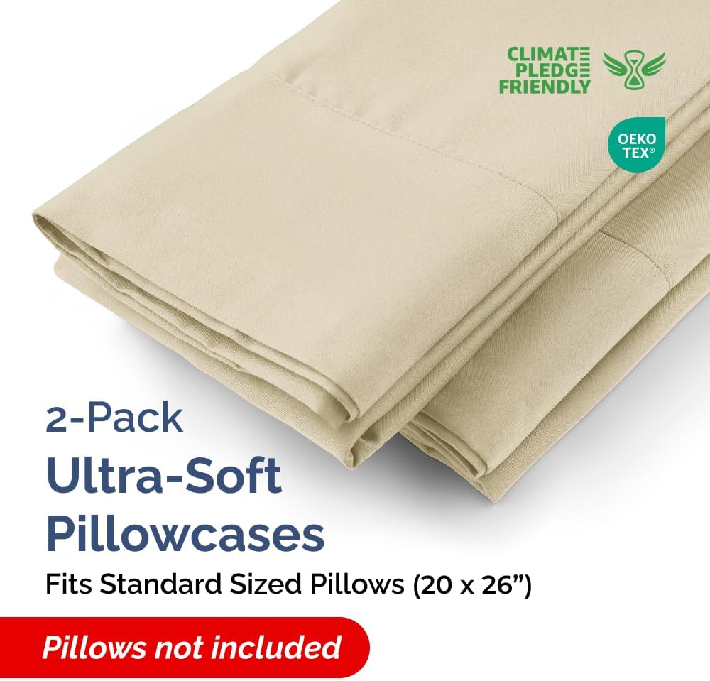 Standard Pillow Cases - 2 Pack - Super Soft Pillowcase Covers - Envelope Enclosure - Hotel Quality Pillow Protectors - Wrinkle Free, Shrink and Stain Resistant - Machine Washable - 20" x 26" (Cream)