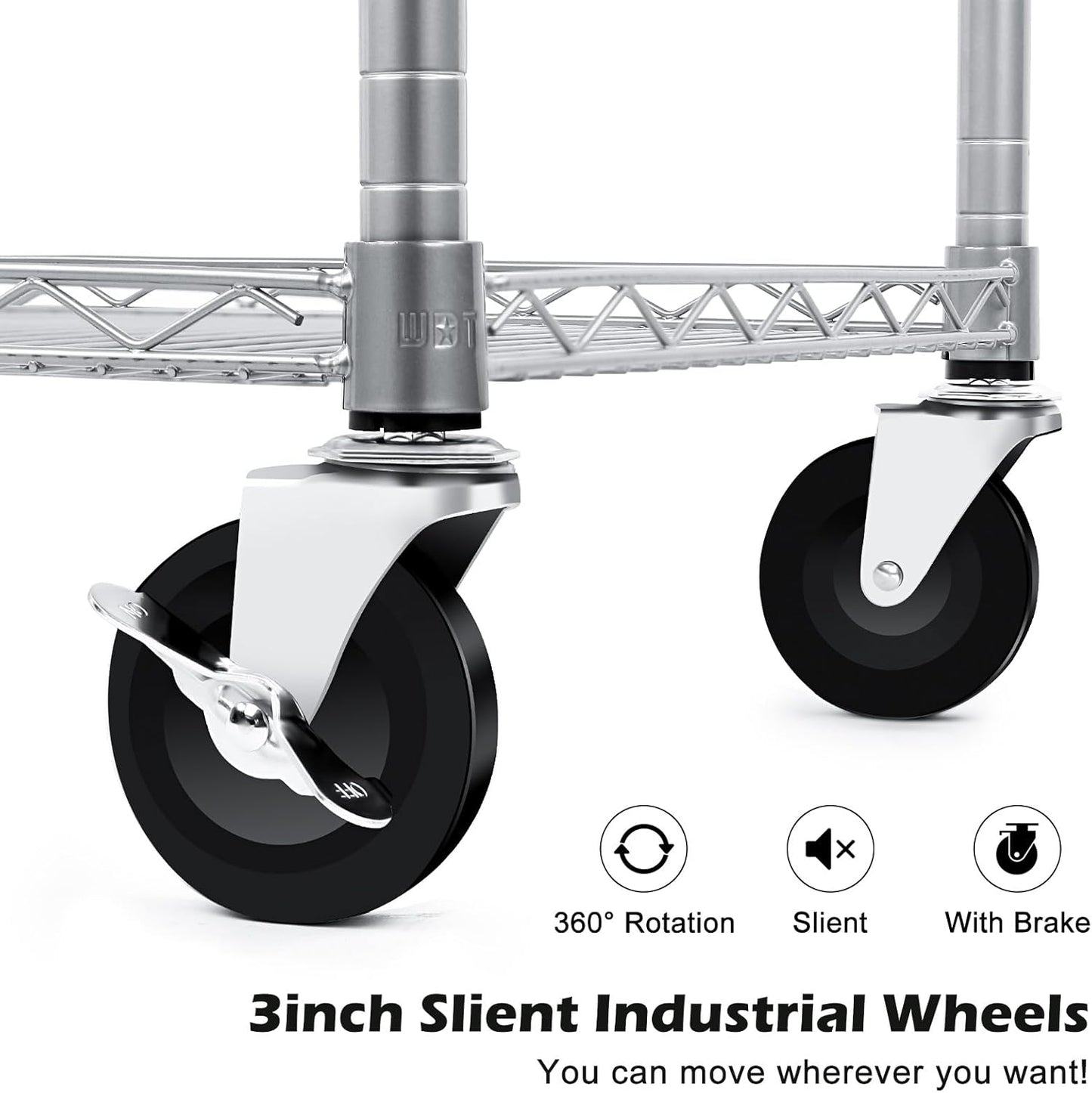 WDT Heavy Duty 3 Tier Utility Cart,Wire Rolling Carts with Wheels, Commercial Grade Service Cart with Shelving Liners and Handle Bar Metal Carts for Kitchen Office Hardware (750LBS Capacity Silver)