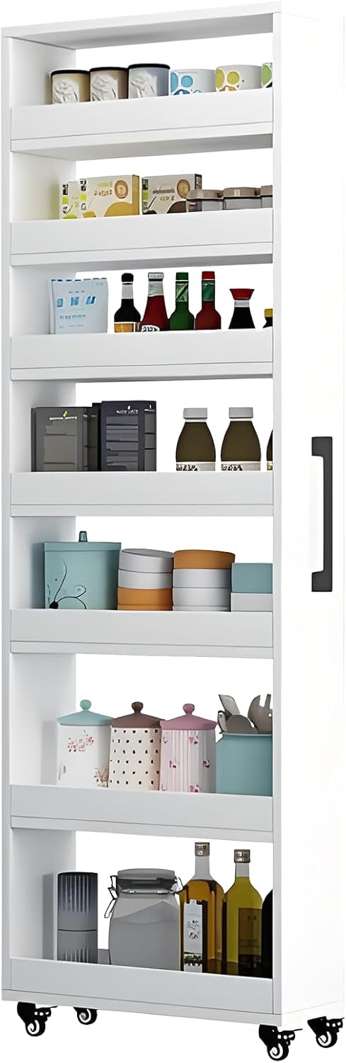 7-Tier Slim Storage Cart, Wooden Rolling Pantry Cabinet with Wheels, Narrow Shelf Organizer for Kitchen, Bakers Rack, Dining Room, Closet, Small Spaces Warm White 73.2" H*9.8" W*23.6" D