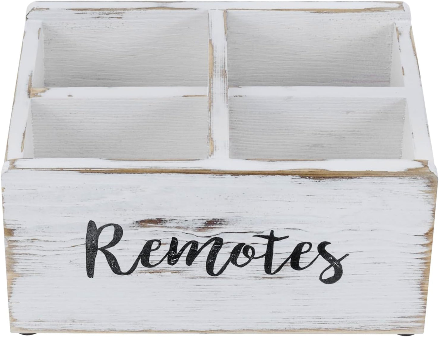 MyGift Wood Remote Control Holder Organizer with 4 Compartments, Media Remote Caddy Storage with Cursive REMOTES Design, Whitewashed