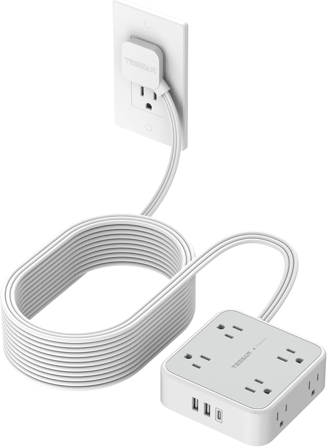 Flat Plug Long Extension Cord 25 Ft, TESSAN Power Strip Surge Protector with 8 Outlets 3 USB Ports (1 USB C), 900J Protection Desktop Charging Station for Home, Office, Dorm Room Essentials