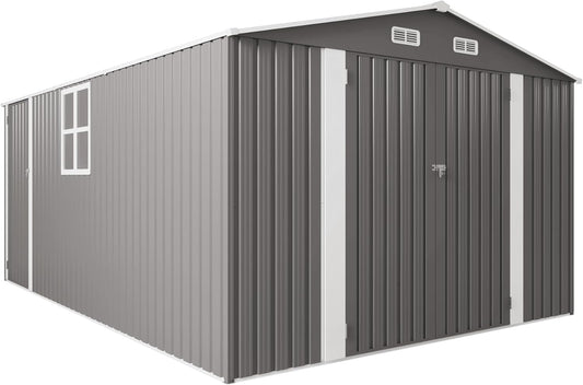 Metal Storage Shed, 10 X 14 FT Lockable Outdoor Tool Shed with Air Vent and Clear Windows, Galvanized Steel Garden Shed for Backyard, Patio, Garden, Bike Storage or Outdoor Use, Grey