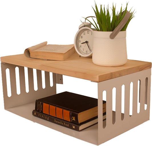 Floating Nightstand with White Metal Base, Wooden Top and Sturdy Metal Base, Minimalist Bedside Table, Wall Mounted Shelf, Bedside Shelf (Capetown)
