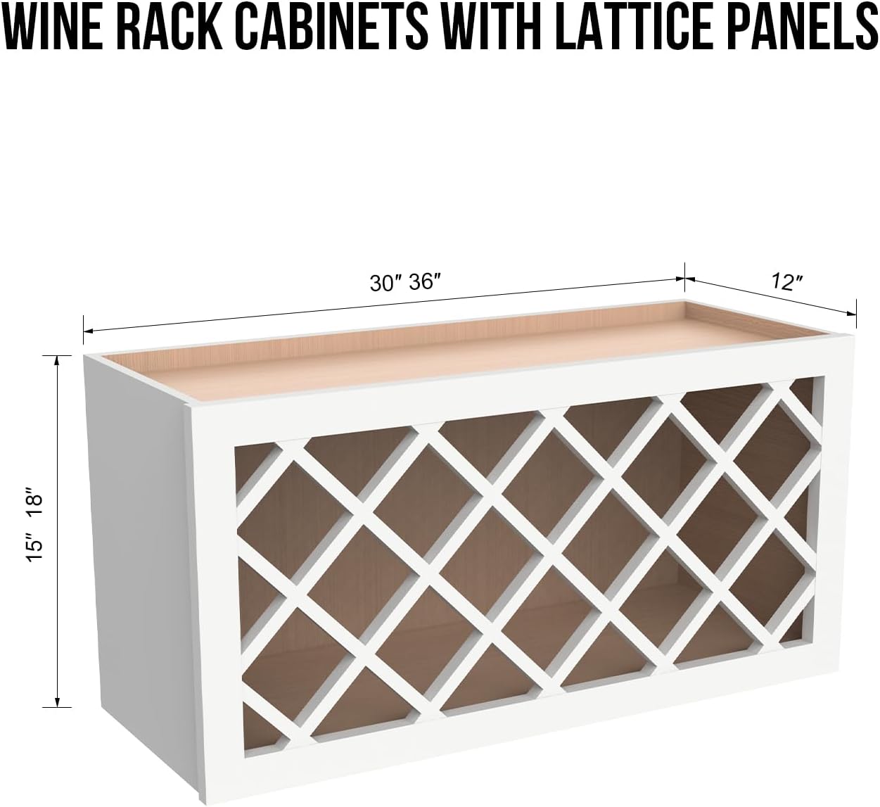 Solid Wood RTA Wine Bottle Rack and Wall Cabinet with Lattice Panels - Wine Storage for Bar, Pantry, and Basement - Mocha (Origami White, 30'W 12'D 18'H)