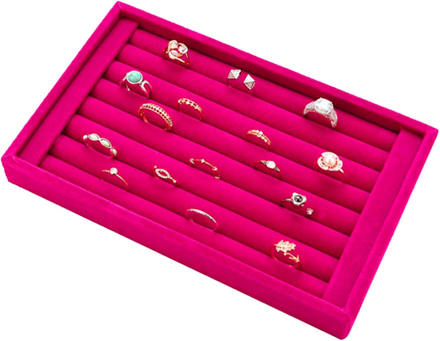 Tinsow Stackable 7 Slots Jewelry Rings Pink Earrings Tray Velvet Showcase Display Organizer (Pink)