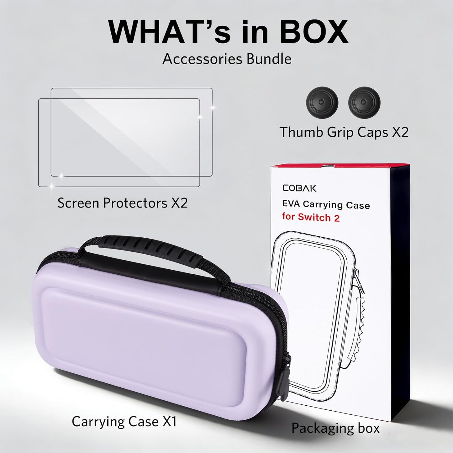 CoBak Large Capacity Carrying Case for Nintendo Switch 2 (2025) - 3 in 1 Accessories Bundle with 2 Screen Protectors, Thumb Grip Caps, 24 Game Cartridges, Hard Shell Portable Travel Pouch, Purple