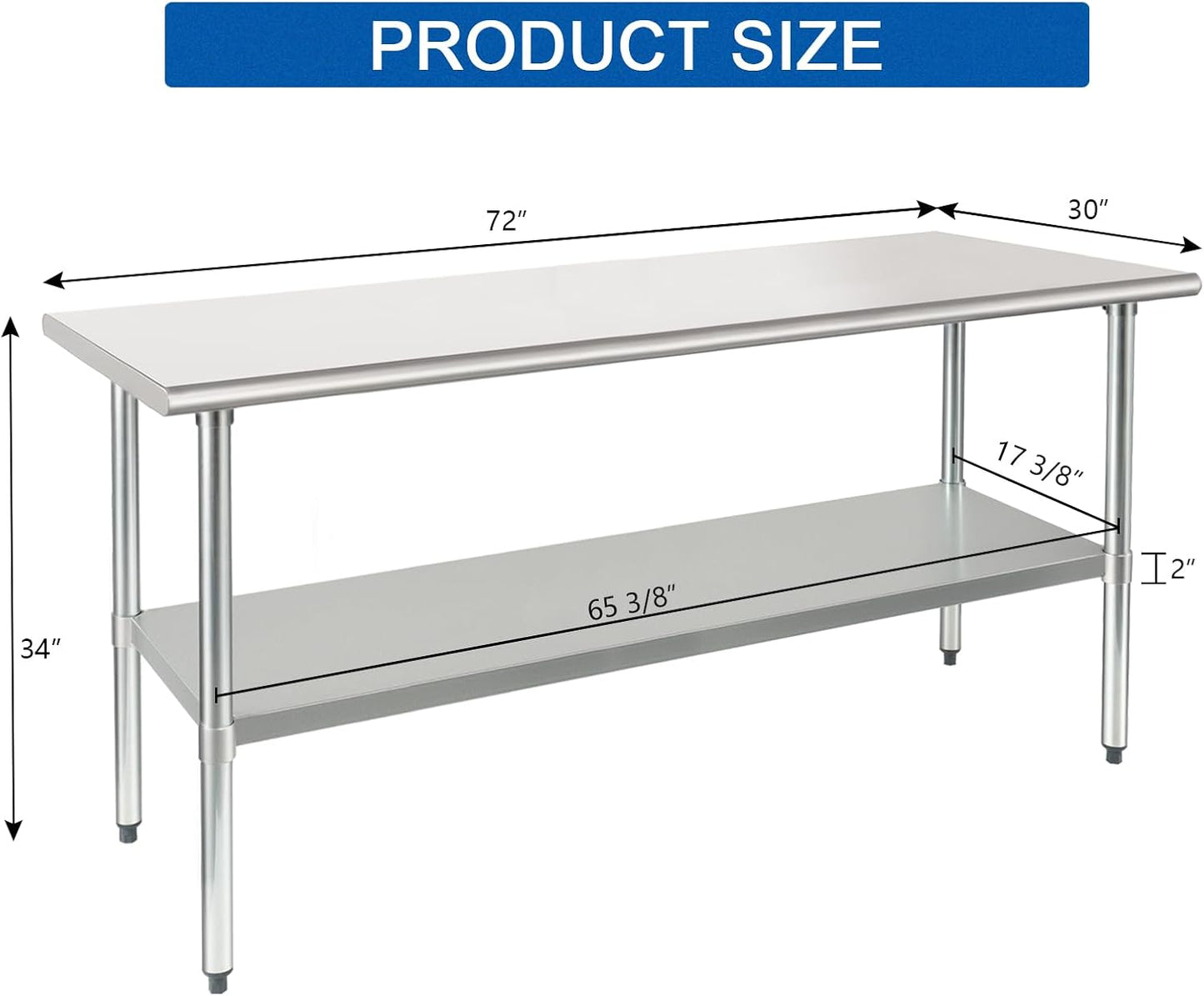 HARDURA Stainless Steel Table 30X72 Inches with Undershelf and Galvanized Legs NSF Heavy Duty Commercial Metel Table for Food Prep